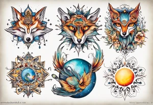 fisch, fuchs und eule , symetrie  sonne, universum, bunt, " sapere aude" tattoo idea