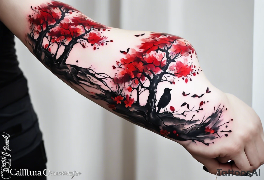trash polka style. Arm tattoo. chest tattoo. Long tattoo. large tattoo. Full sleeve. Shoulder. A single large maple tree with red autumn leaves that branches upwards from wrist to shoulder. White-throated dipper bird on the trees branches. Calluna flowers at the base of the trees stem. Tree stem has dark colors. Red/yellow sunset behind the trees stem. Leaves falling. tattoo idea