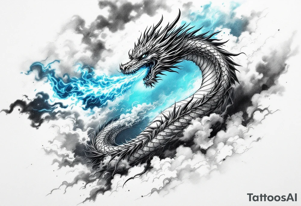 fierce dragon breathing iridescent fire against stormy skies tattoo idea