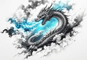 fierce dragon breathing iridescent fire against stormy skies tattoo idea