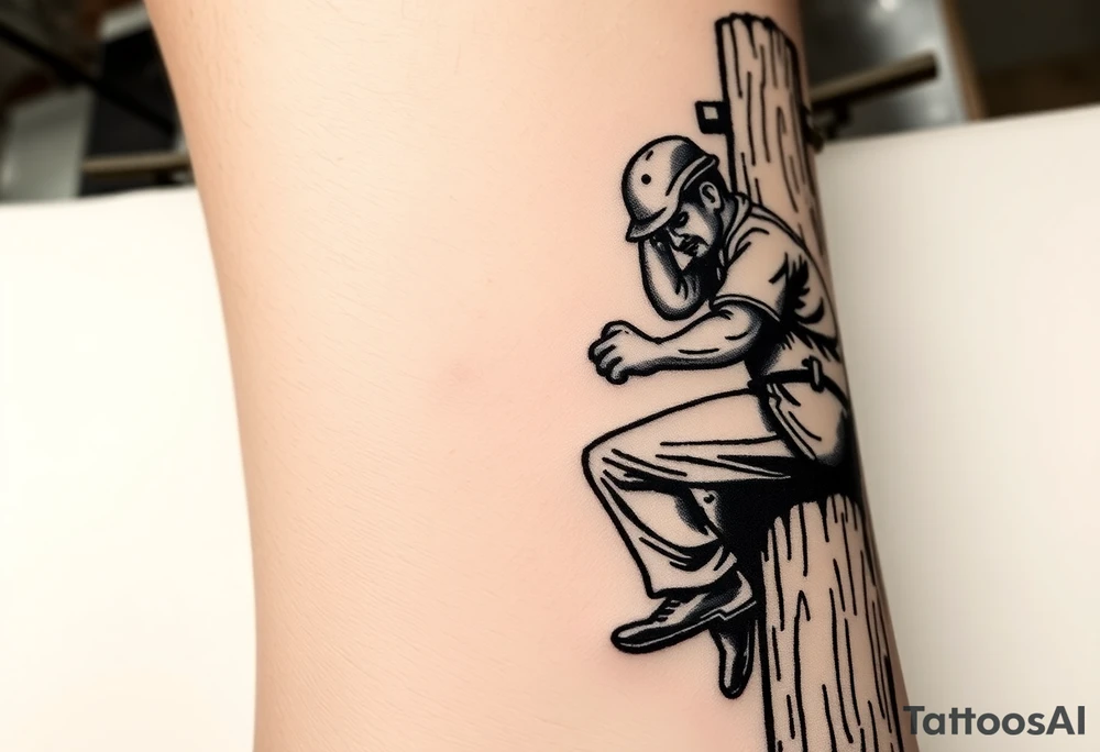 power lineman climbing a wooden 12kv pole. Make the pole a cross that has a hidden resemblance to god. tattoo idea