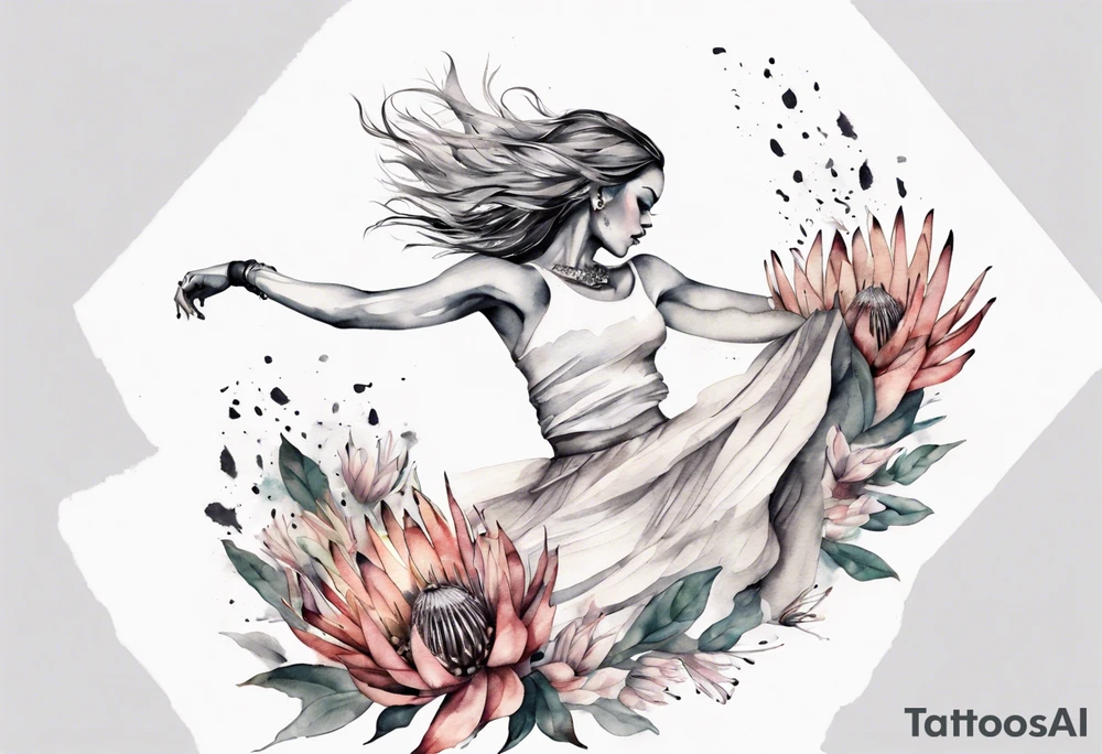 Very feminine tattoo with a woman dancing in a wind of protea flowers tattoo idea
