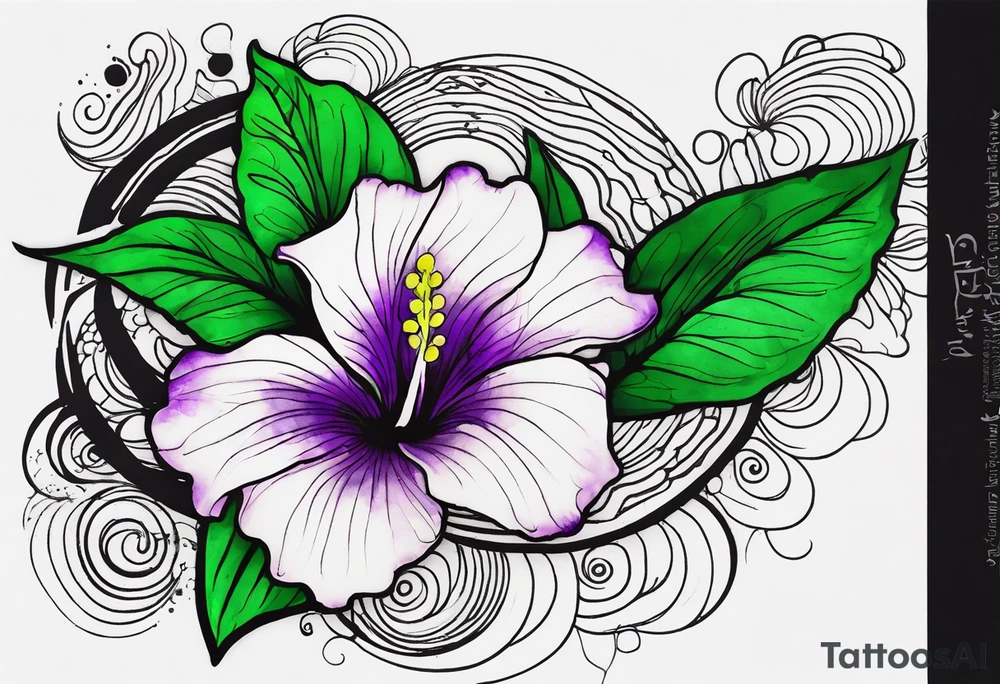 A mystical outline of a rio dipladenia flower and a green/purple watercolor splash in the background tattoo idea