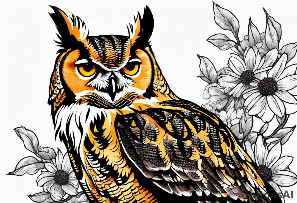 Great horned owl on a branch with coneflowers surrounding tattoo idea