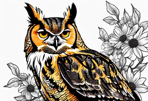 Great horned owl on a branch with coneflowers surrounding tattoo idea