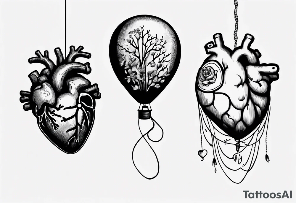 Woman's hand holding balloons tied to string, balloons in shape of anatomical heart and an anatomical brain tattoo idea
