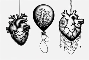 Woman's hand holding balloons tied to string, balloons in shape of anatomical heart and an anatomical brain tattoo idea