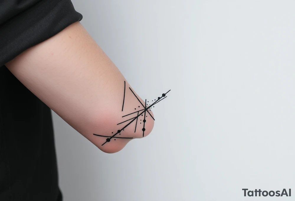 Abstract black line tattoo for a male.
Irregular, broken, sketch-like lines with sharp direction changes.
Non-elegant, non-minimal, non-feminine.
Raw hand-drawn tattoo stencil style.
Black ink only, no shading, no smooth curves.
Inner forearm wrapping around the elbow. THESE ARE SO COMPLEX. I DONT WANT THAT tattoo idea