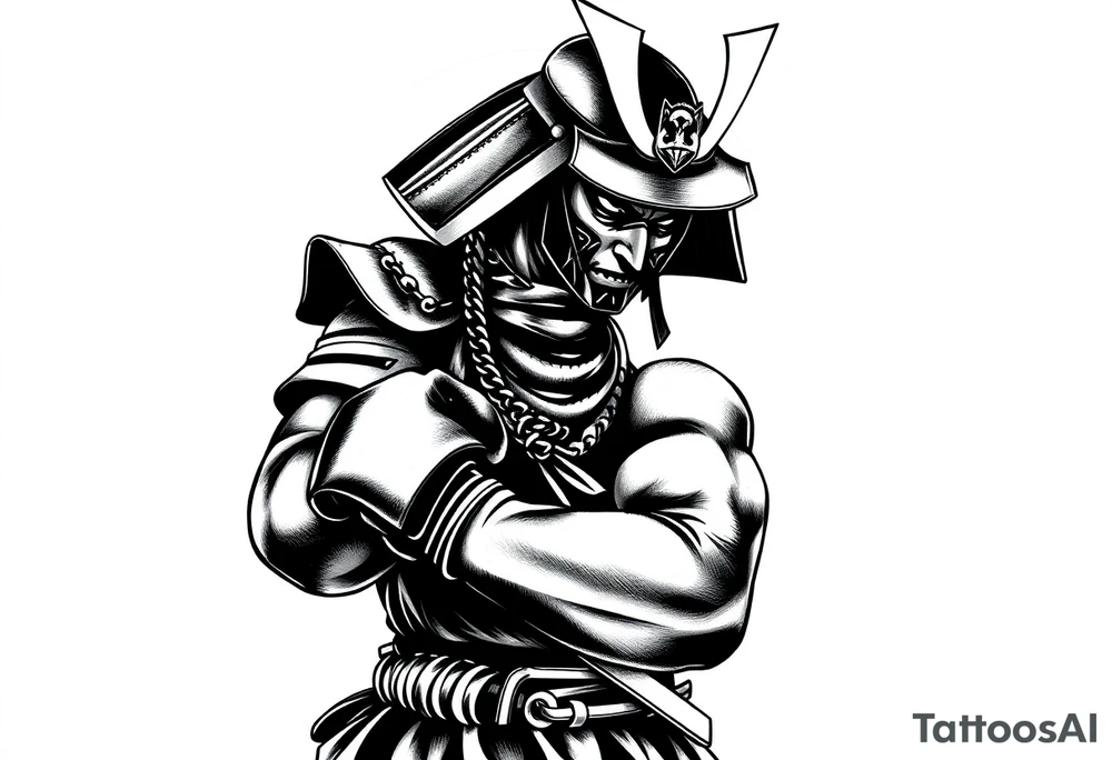 noble samurai warrior silhouette at sunset with boxing gloves tattoo idea