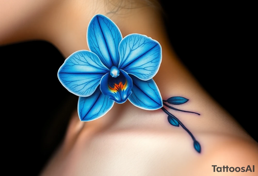 A detailed blue orchid with intricate petal veins, glowing softly against a dark background, evoking mystery and rarity tattoo idea