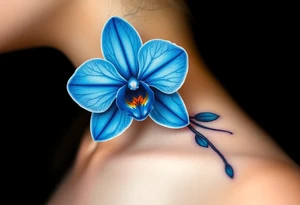 A detailed blue orchid with intricate petal veins, glowing softly against a dark background, evoking mystery and rarity tattoo idea