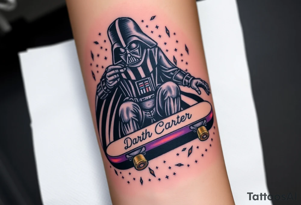 Darth Vader skateboarding > bullets > in loving memory > colors
add words "Darth Carter" to skateboard
add date 12/29/88-01/06/24 tattoo idea