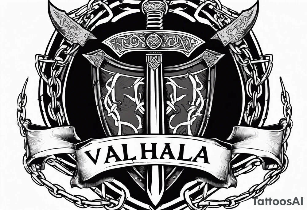 Valhalla sword shield axe barbed wire chains dark cloud tattoo idea