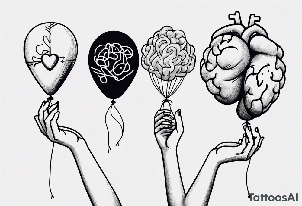 Woman's hand holding balloons tied to string, balloons in shape of anatomical heart and an anatomical brain tattoo idea