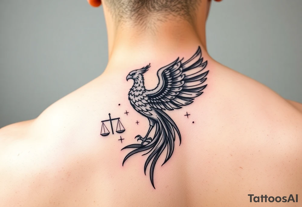 Side arm tattoo with the phoenix rising from the ashes linked with libra sign and based on discipline and the help of God.Geometric and abstract style tattoo idea