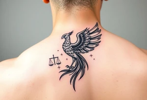 Side arm tattoo with the phoenix rising from the ashes linked with libra sign and based on discipline and the help of God.Geometric and abstract style tattoo idea