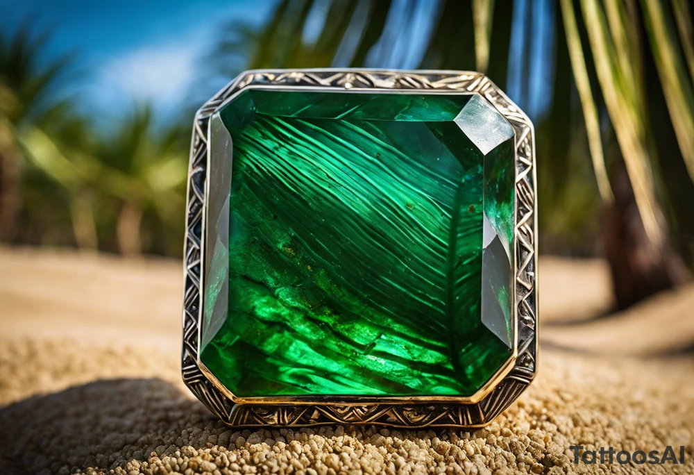 Tattoo: A striking Gachala emerald sits at the base of a tall quindio wax palm, which grows resiliently from cracks in rugged, rocky soil. The emerald is the main focal point, symbolizing strength and endurance, while the wax palm, rooted in the soil’s crevices, represents growth and resilience. A small water stream flows gently from the rocks, adding an element of life and nourishment tattoo idea