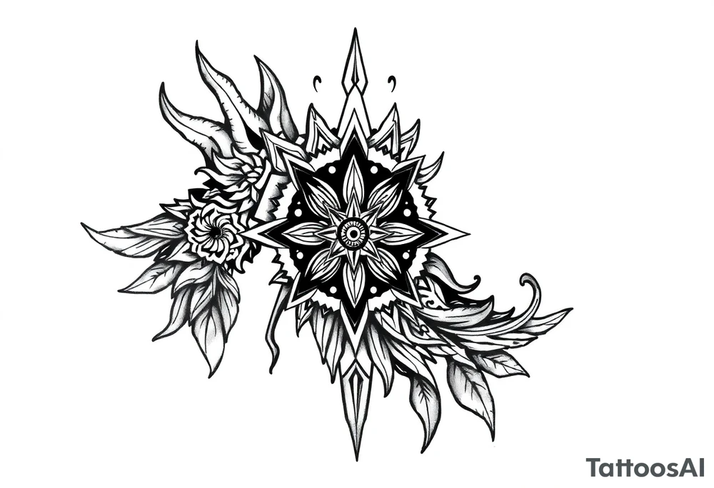 long shaman style mytical bold line with ancient rhyme tattoo idea