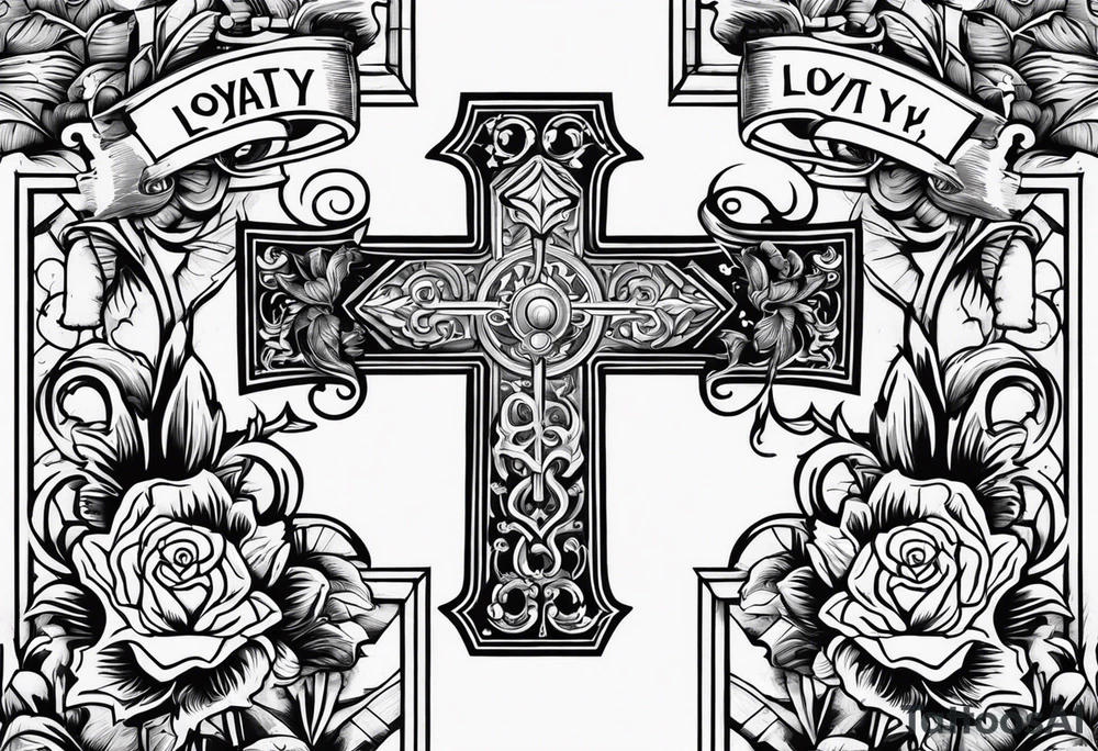 Cross with wording saying Loyalty Is Key in old English with two guns and money in the background tattoo idea