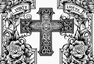 Cross with wording saying Loyalty Is Key in old English with two guns and money in the background tattoo idea