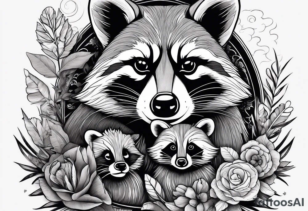 Very detailed Raccoon Husband with wife and child.
Background modern House between woods tattoo idea
