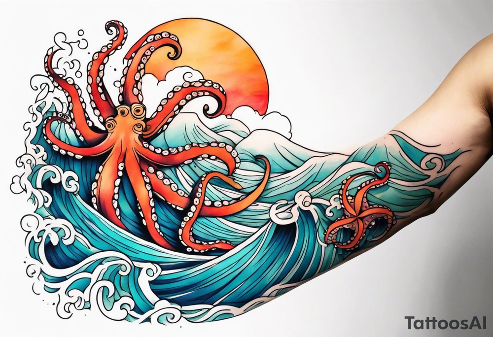 Full sleeve arm tattoo with octopus and sea scene tattoo idea