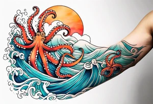 Full sleeve arm tattoo with octopus and sea scene tattoo idea