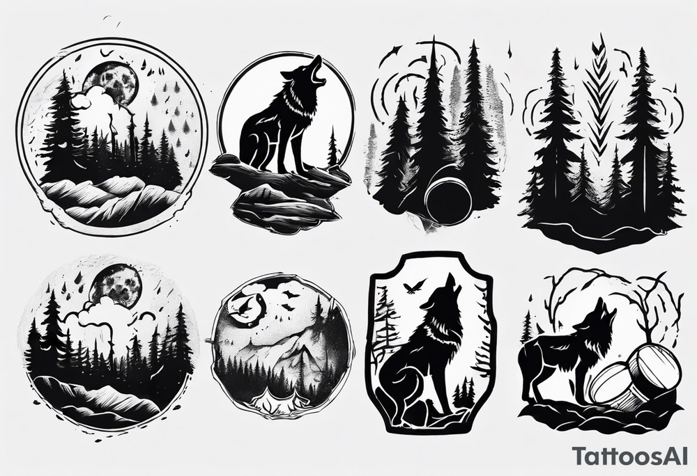 thunderstorm over a forest with a wolf howling on drums tattoo idea thunderstorm over a forest with a wolf howling on drums tattoo idea