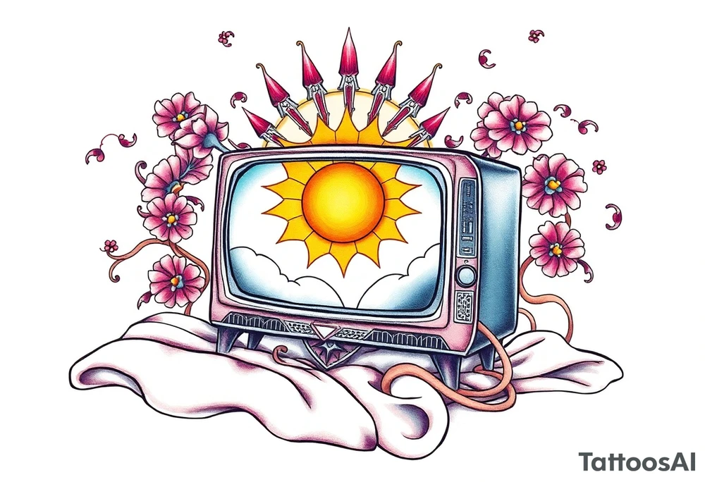 tv on a bed with a sun tattoo idea