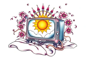 tv on a bed with a sun tattoo idea