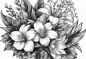 Lily of the valley, marigold, chrysanthemum, lily. All combined together with surrounding leaves and vines to tie them lol together nicely tattoo idea