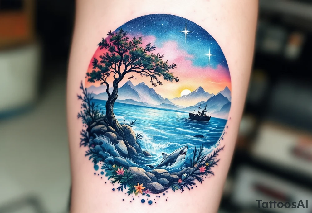 tattoo that has an acacia tree with mountains, ocean with a ship wreck with sharks and the northern star tattoo idea