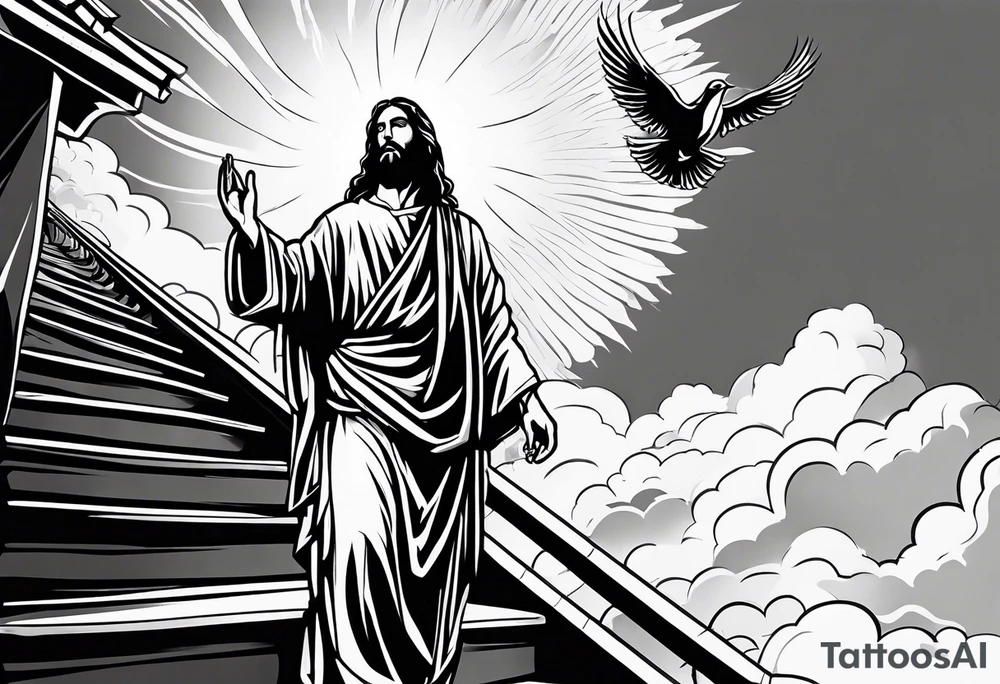 Jesus standing on a flight of stairs looking down with clouds, sunshine and a dove in the background on the upper arm tattoo idea