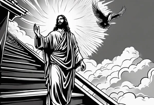 Jesus standing on a flight of stairs looking down with clouds, sunshine and a dove in the background on the upper arm tattoo idea