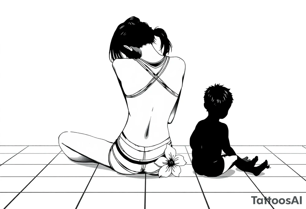 a tile floor with a minimalist realistic silhouette of the back of a thin woman sitting curled on the tile floor and a black silhouette of a young child sitting next to her with a lily next to them on the floor. The woman is wearing a Racerback tank top, running shorts, has dark hair pulled up high, and her head is down. tattoo idea