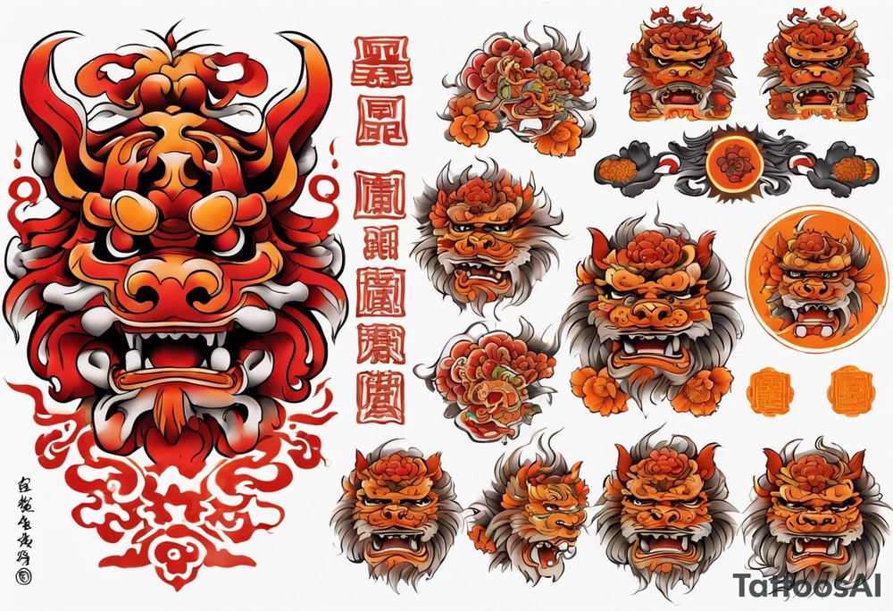Red and orange Okinawa shisa dog chest piece tattoo idea