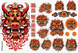 Red and orange Okinawa shisa dog chest piece tattoo idea