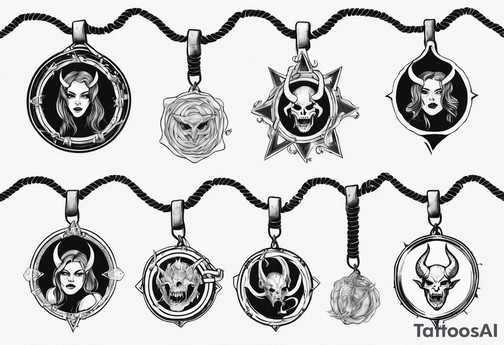 woman hand holding satan medallion on a rope tattoo idea