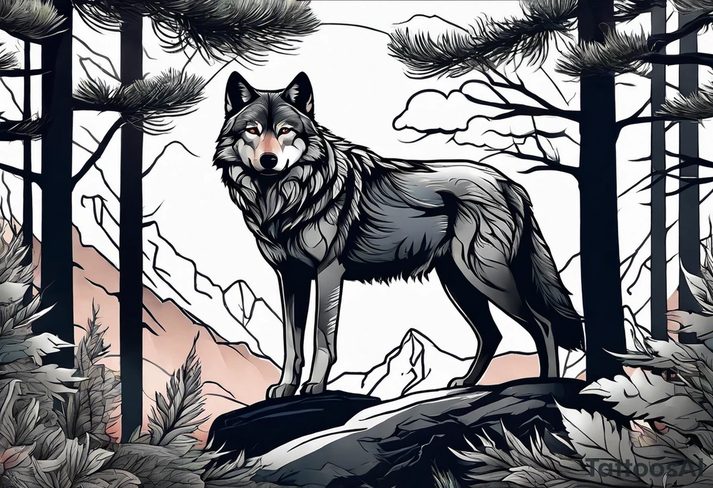 Forest and mountains in wolf body tattoo idea