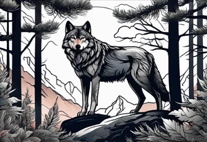 Forest and mountains in wolf body tattoo idea
