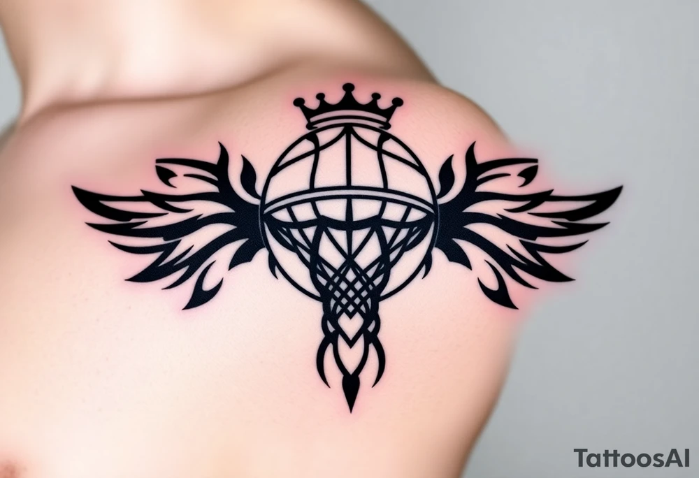 Basketball and basketball hoop with a crown, tribal influence tattoo idea
