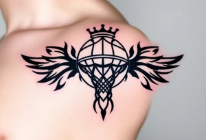 Basketball and basketball hoop with a crown, tribal influence tattoo idea
