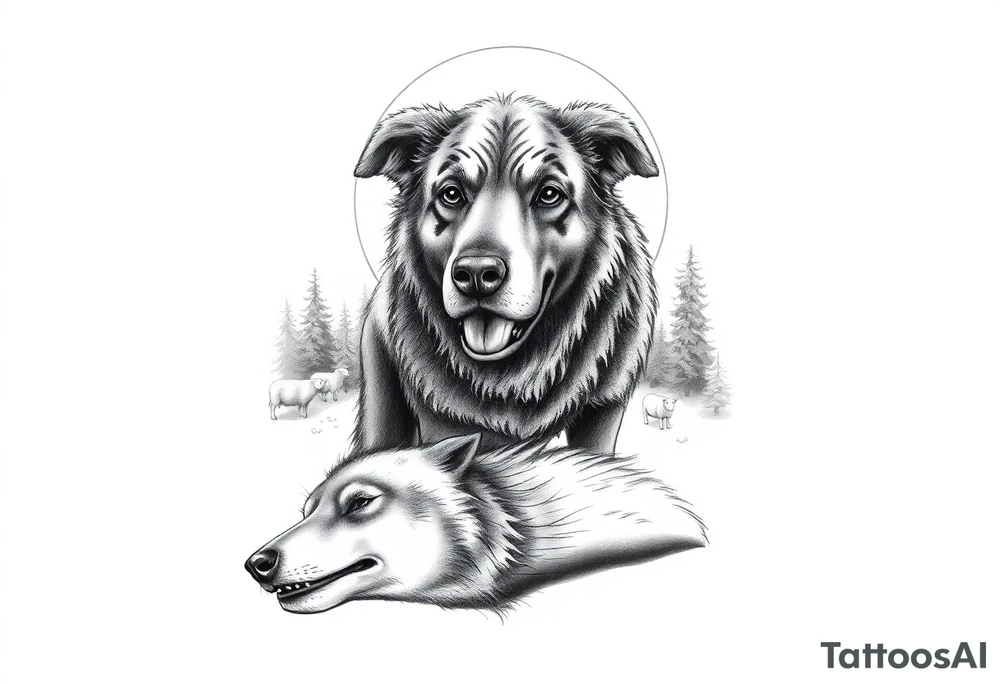 sheepdog with a bloddy mouth standing over a dying wolf with woods, sheep, and moonlight in the background tattoo idea