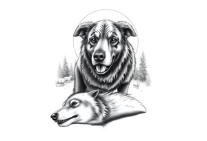 sheepdog with a bloddy mouth standing over a dying wolf with woods, sheep, and moonlight in the background tattoo idea