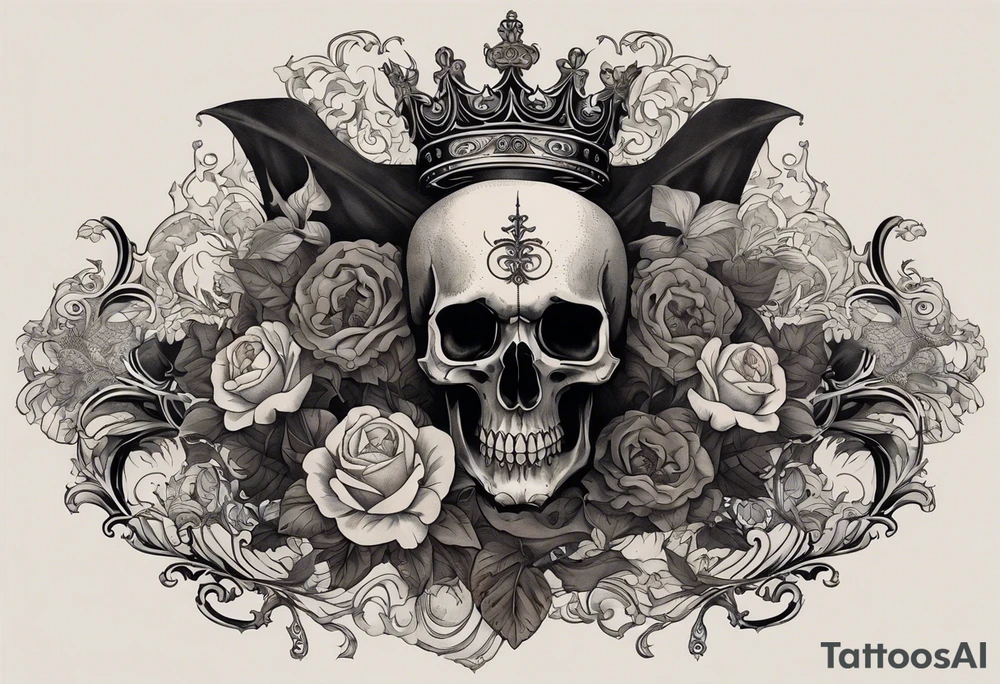 This tattoo covers the chest and features a central skull wearing a large crown with intricate details, resembling a mix of royalty and death imagery. The skull has hollow eyes, sharp teeth, and is draped with a cloth, creating a haunting yet regal appearance. Above the skull, there are dark clouds that frame two contrasting figures on either side: a devilish figure on the left, with horns, holding a glass of wine and grinning mischievously, and an angelic figure on the right, smiling while holding what appears to be a sacred object.

Below the skull, skeletal hands emerge from the sides, framing a bleeding heart wrapped in a crown of thorns, reminiscent of the Sacred Heart symbol in Christian iconography. Rays of light or energy radiate from the heart, adding a powerful and spiritual touch to the design.

The overall composition blends religious and dark themes, creating a strong contrast between good and evil, life and death, all with detailed linework and shading. tattoo idea