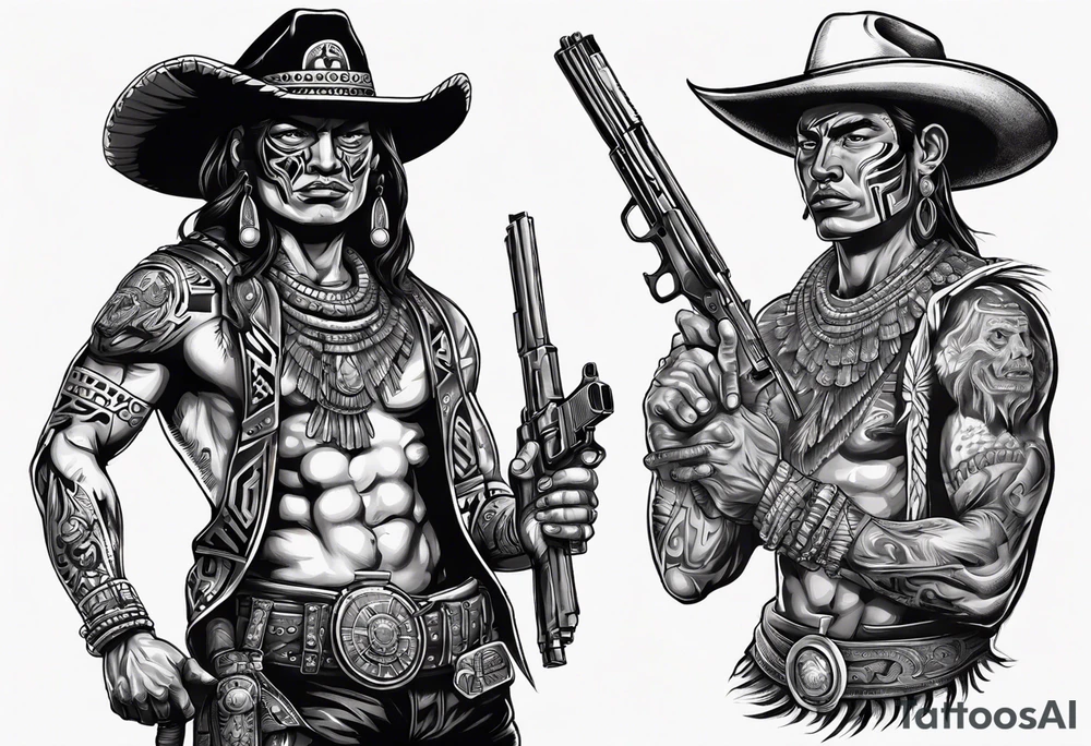 Aztec warrior with cowboy hat holding a gun tattoo idea