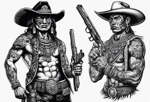 Aztec warrior with cowboy hat holding a gun tattoo idea