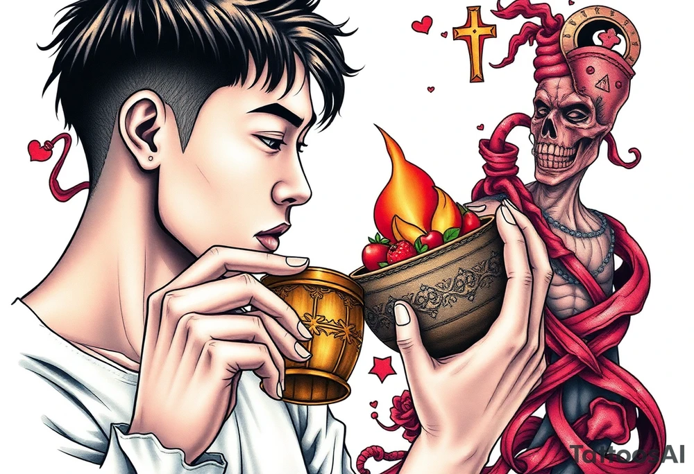 Handsome Asian young guy is drinking from medieval feast cup tattoo idea
