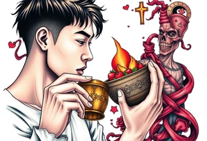 Handsome Asian young guy is drinking from medieval feast cup tattoo idea