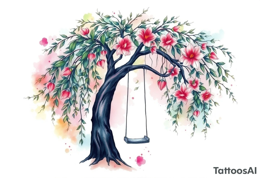 Willow tree with 7 branches with a swing hanging from one with florals tattoo idea